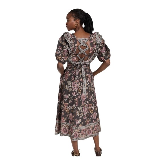 NWT SEA NEW YORK Tess Puff Sleeve Open Back Smocked Floral Midi Dress Size 4 - Picture 5 of 14